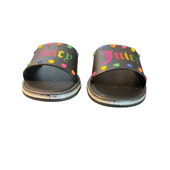 Juicy Couture Black Slides Rainbow Heart Logo Silver Glitter Pride Size 7.5 - Picture 2 of 8